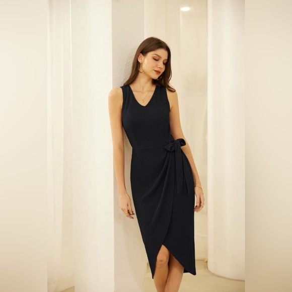 GRACE KARIN Women's Casual Knit Dress Sleeveless Summer V Neck Tie Waist Ribbed - Picture 2 of 8